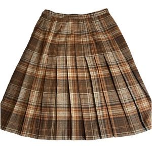 Wool Knit Plaid Pleated Skirt Vintage with large safety pin brown orange yellow